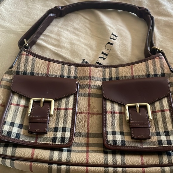 Authentic Burberry Haymarket Double Buckled Outer Pockets Bag - Picture 3 of 13